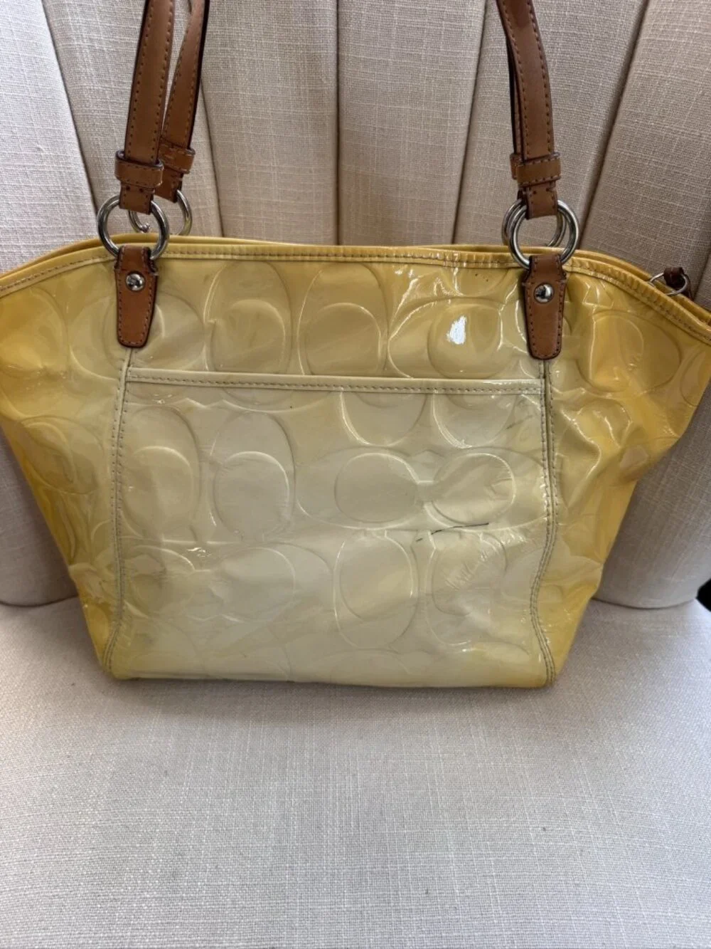 Coach Yellow Brown Leather Shoulder Bag Medium Patent Embossed Logo